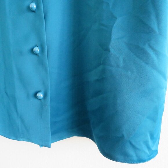 ZENA PRESLEY Teal Satin Drapey Button Front Shirt Top Mob Wives - Women's Size M - Picture 10 of 11